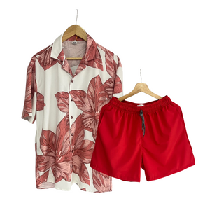 Conjunto Floral Roja Rayon RegularFit / Bañadora Sin Malla Roja