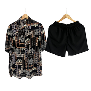 Conjunto Tribalera Cafe Rayon Regular Fit/ Bañadora Sin Malla Negro