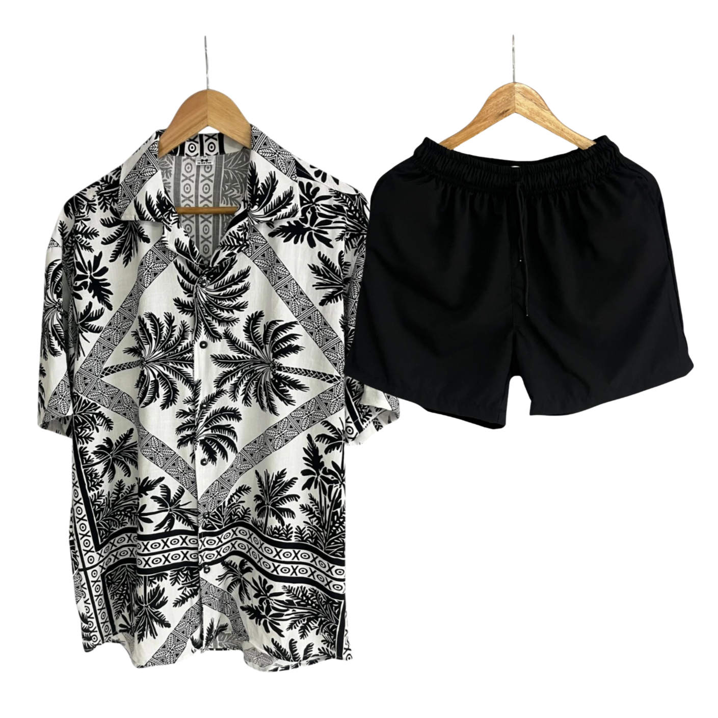 Conjunto Black Palmas Lino/ Bermuda Negra Sin Malla